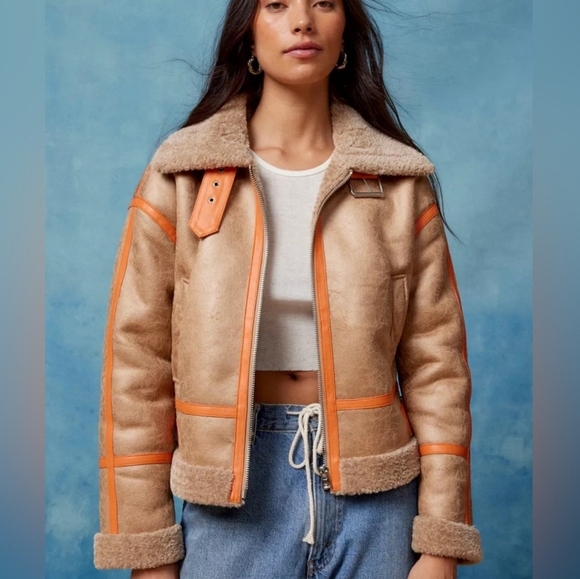 Urban Outfitters, BDG August Tan Faux Leather Shearling Aviator Jacket SZ XS - Picture 1 of 16